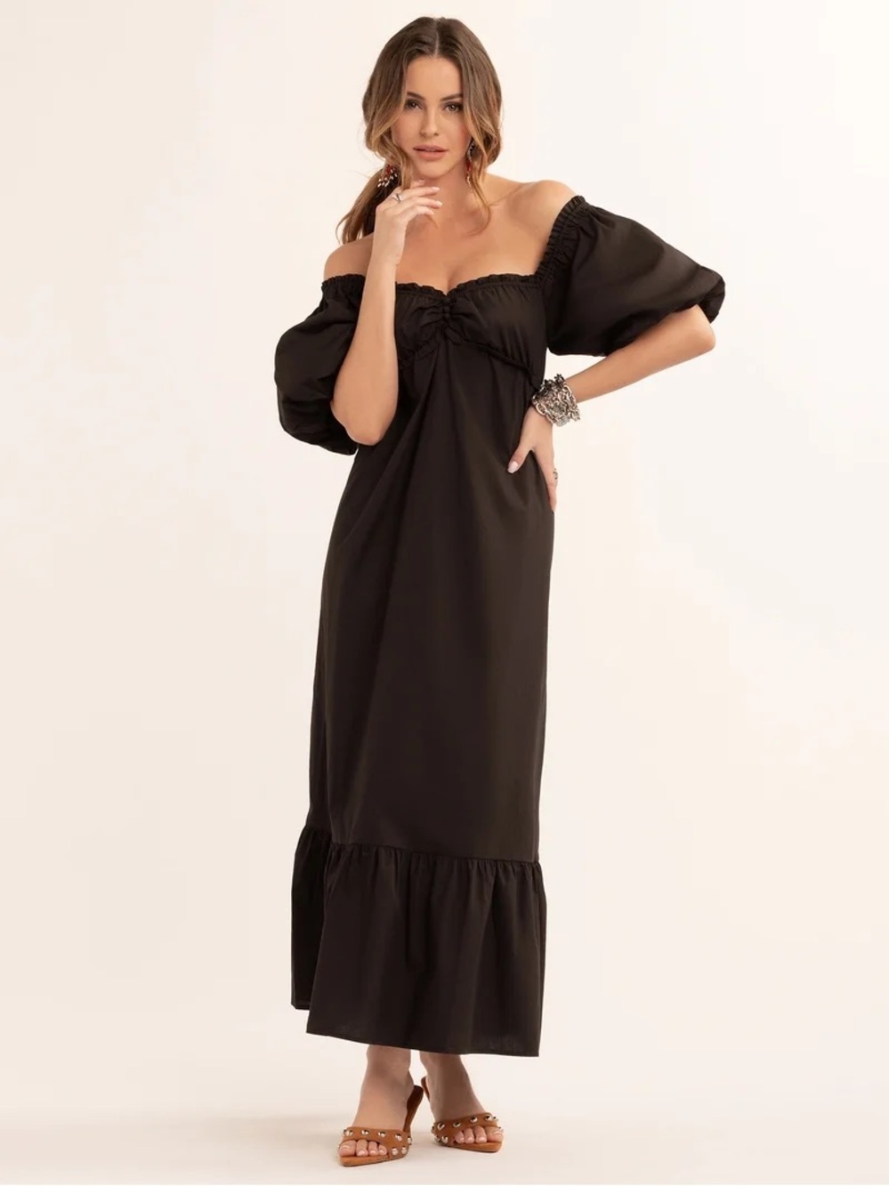 Jessica Simpson Evia Sweetheart Smocked Puff Sleeve Empire Waist Maxi Dress NWT